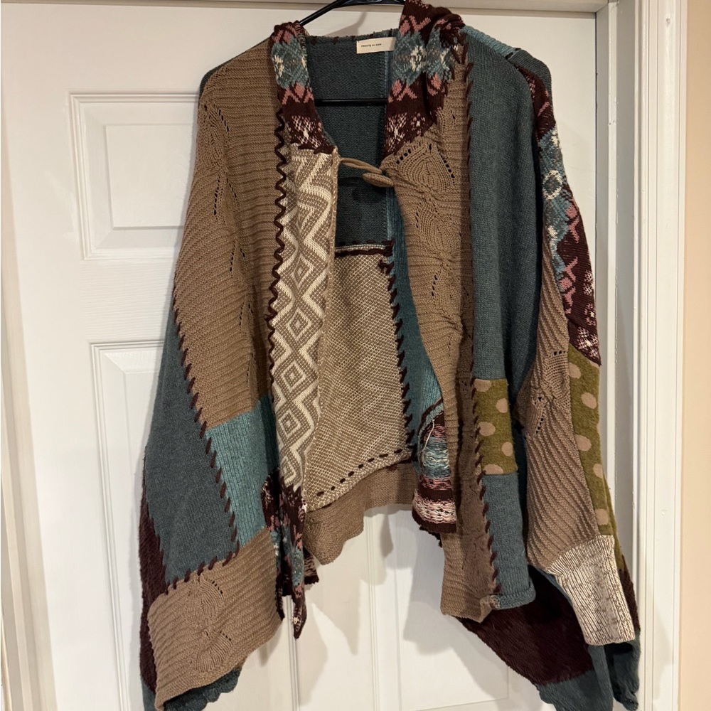 Patchwork Hooded Knit Poncho Shrug - Multicolor